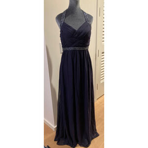 Hand beaded Blue Halter Maxi Dress Size 6 Evening Bridesmaid Prom Formal Event